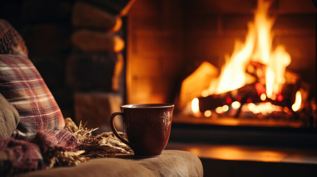 Сup of hot drink stands on the sofa against the backdrop of a burning fireplace