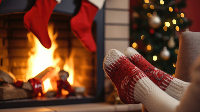 Feet in woollen socks by the Christmas fireplace with space for text