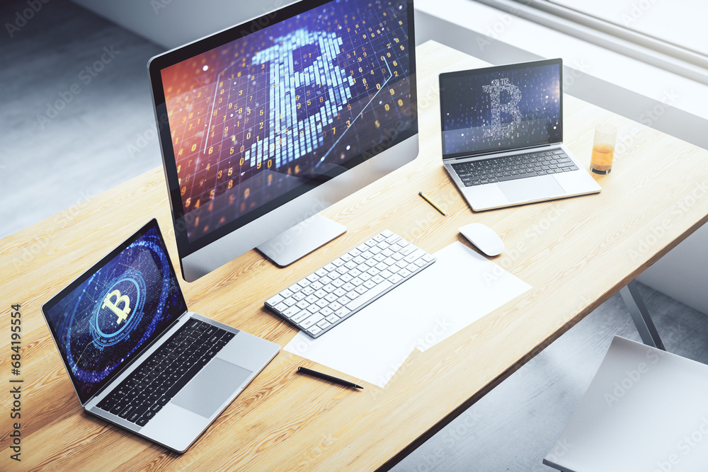 Poster modern computer monitor with creative bitcoin symbol. cryptocurrency concept. 3d rendering
