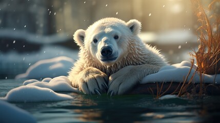 Greeting card with a polar bear in winter - obrazy, fototapety, plakaty