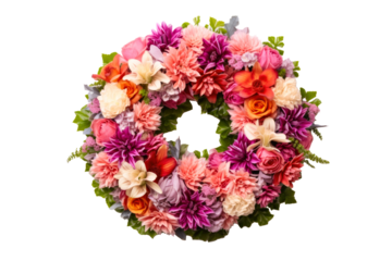 Many flowers are arranged in a circular arrangement used in funerals..