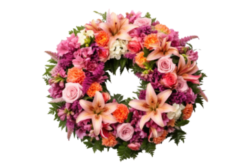 Many flowers are arranged in a circular arrangement used in funerals..
