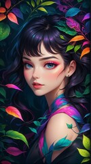 Portrait of a woman with flowers - Wallpaper for phone , Crazy Colors, A neon frame surrounded by leaves on a dark background