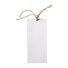 blank white price tag or bookmark with Twine Mockup isolated on a transparent background., Cardboard label with rope or Jute String template PNG  - obrazy, fototapety, plakaty