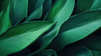  Banana leaves close up. Natural, green, tropical forest leaves background