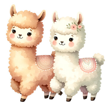Watercolor Farm Animal Love - Cute llama couple taking a leisurely walk together Embrace Valentine's Day