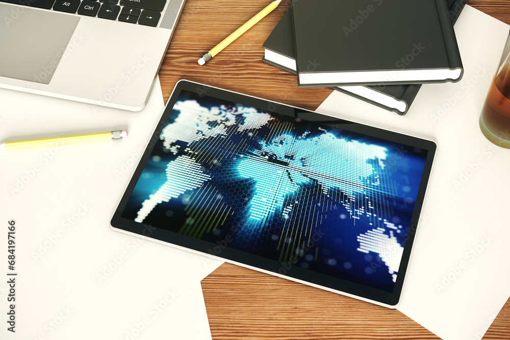 Poster abstract creative world map on modern digital tablet monitor, tourism and traveling concept. top vie