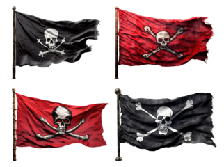 Set of black and red pirate flags (Jolly Rogers), cut out