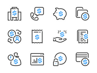 Money, Dollar and Finance vector line icons. Banking and Financial services outline icon set. Bank, Mortgage, Loan, Consumer credit, Deposit, Dividends and more.