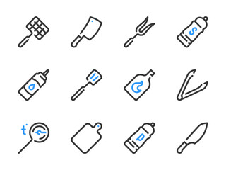 Grill Accessories and Barbecue Equipment vector line icons. Cooking Appliances outline icon set. Grill Basket, Tongs, Thermometer, Spatula, Ignition Fuel, Cutting Board and more.