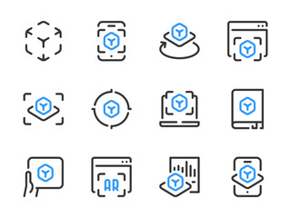 Augmented Reality vector line icons. Object projection and Interactive simulation outline icon set.
