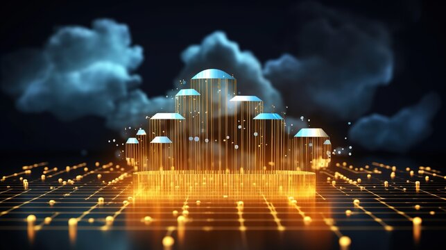 Futuristic Cloud Computing Concept with Holographic Cloud Icon and Glowing Digital Code in Blue and Gold, Emphasizing Advanced Cyber Technology and Connectivity, IT technology background
