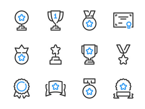 Awards, Prize Cup and Trophy vector line icons. Victory Medal and Winner Ribbon outline icon set. Trophy cup, Certificate, Diploma and more.