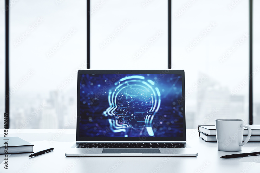 Poster creative artificial intelligence concept with human head hologram on modern laptop screen. 3d render