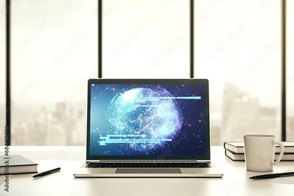 Leinwandbilder modern computer screen with abstract creative coding sketch and world map, artificial intelligence a