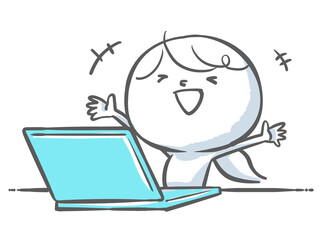 青いノートパソコンと万歳して喜ぶ白い人