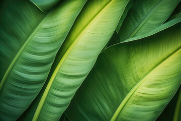 Banana leaves close up. Natural, green, tropical forest leaves background