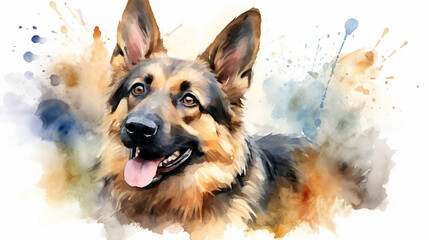 stockphoto, cute little german shepherd dog in watercolor design. Portrait of a beautiful German shepherd. Watercolor style.  - obrazy, fototapety, plakaty