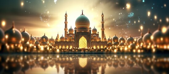 ramadan night banner template. Cute mosque and lantern displayed on stages with glowing light in the evening. - obrazy, fototapety, plakaty