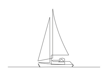 Continuous single line drawing of sailboat on water. Isolated on white background vector illustration. Premium vector. 