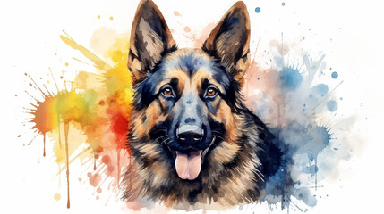 stockphoto, cute little german shepherd dog in watercolor design. Portrait of a beautiful German shepherd. Watercolor style.  - obrazy, fototapety, plakaty