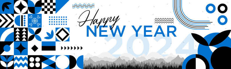 Happy new year 2024 art banner design with modern geometric abstract background in blue color. happy new year greeting card cover for 2024 typography with shapes. Creative Vector illustration.