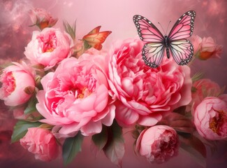 Unveiling the Hidden Beauty: A Single Pink Peony with Graceful Butterflies in Frame Generative AI