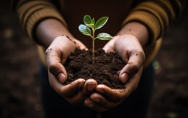 Hands Holding a Young Plant in Soil,close up
