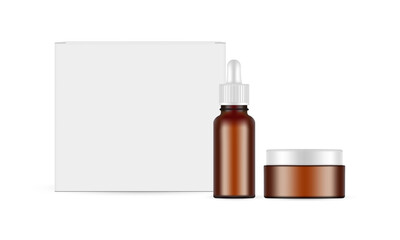 Cosmetic Packaging Set. Box, Serum Amber Bottle and Cream Jar, Isolated On White Background. Vector Illustration