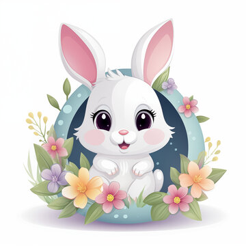 Cute cartoon rabbit in egg and flowers. Happy Easter. Generative AI illustration