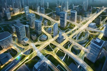 Artistic rendering of a smart city with interconnected infrastructure.
