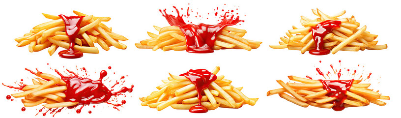Set of delicious French potato fries with tomato ketchup, cut out - obrazy, fototapety, plakaty
