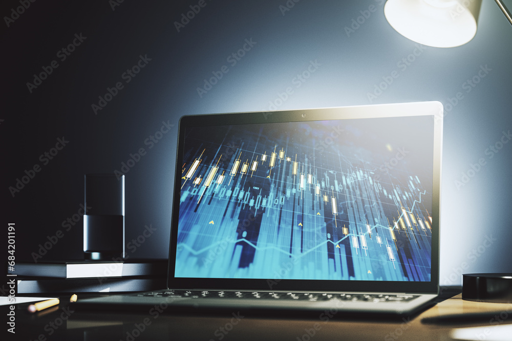 Poster Abstract creative financial graph on modern laptop monitor, forex and investment concept. 3D Rendering