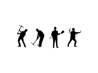 Miner silhouette vector. Silhouette of a man in workers costume carrying pickaxe in action pose. Worker using pickaxe silhouettes on white background.