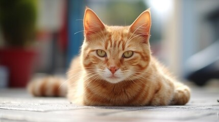 Closeup portrait of cute lazy young ginger cat looking.Generative AI