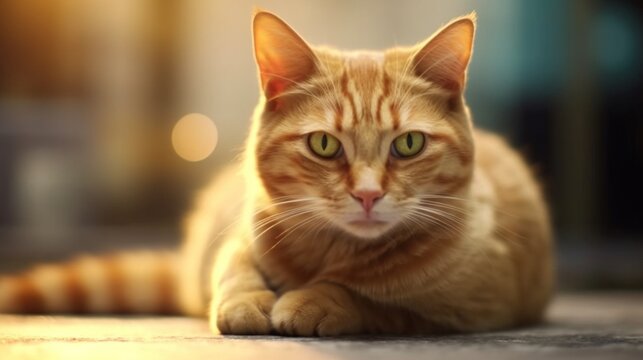 Closeup portrait of cute lazy young ginger cat looking.Generative AI