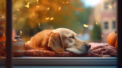 Dreaming dog sleeps on cozy warm windowsill in autumn.Generative AI