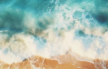 Zelfklevend Fotobehang Breathtaking Aerial Perspective: Powerful Ocean Waves Crashing on a Pristine Beach Generative AI © monsifdx