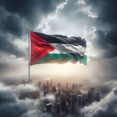flag of palestine over the city and blue sky