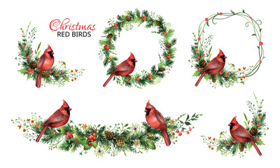 Christmas set with garlands, pine wreaths and red cardinal birds.