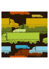 Editable Flat Monochrome Style Side View Trailer Trucks Vector Illustration in Various Colors as Seamless Pattern With Dark Background for Vehicle or Shipment Transportation Related Design