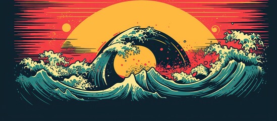 Panele Szklane  illustration big ocean wave with sun poster in japanese style vector for wall art print design template
