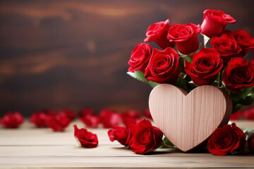 Bouquet of roses and heart on wooden background