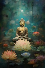 Buddha statue with lotus flower on background