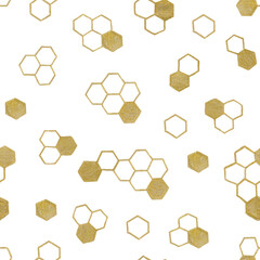 Cute hand drawn line art seamless pattern with golden hexagons of honeycombs in behives on white background.Print cards,fabric,wrapping paper