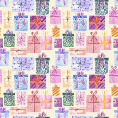 Hand drawn watercolor seamless pattern with group of gift boxes in different wrapping papers and bows on yellow beige backdrop.Birthday christmas x-mas background