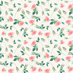 Hand painted pink yellow gradient colored roses with green leaves as summer spring seamless pattern on beige background for print cards, invitations, scrapbooking and wrapper.