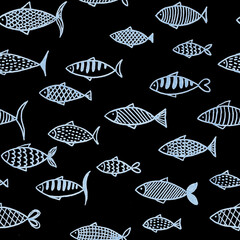 Hand drawn line art seamless pattern with many blue lined different fish on black background.Print cards,invitations,design