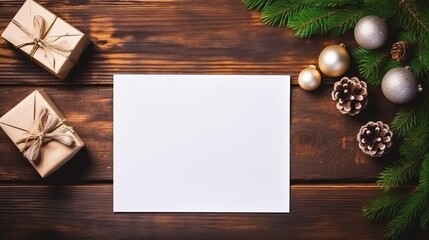 Fototapeta premium Flat lay, blank paper sheet and christmas decor on wooden table, space for text, 16:9