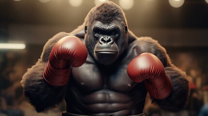Masculine gorilla wants to fight wearing boxing gloves. logo for boxing sport. - obrazy, fototapety, plakaty